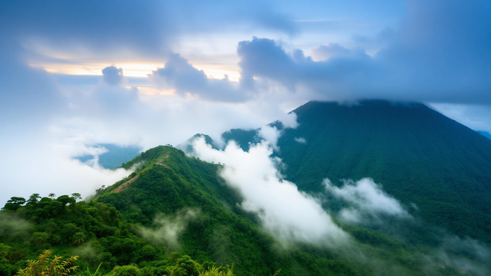 Mount Cameroon's misty green slopes at sunrise