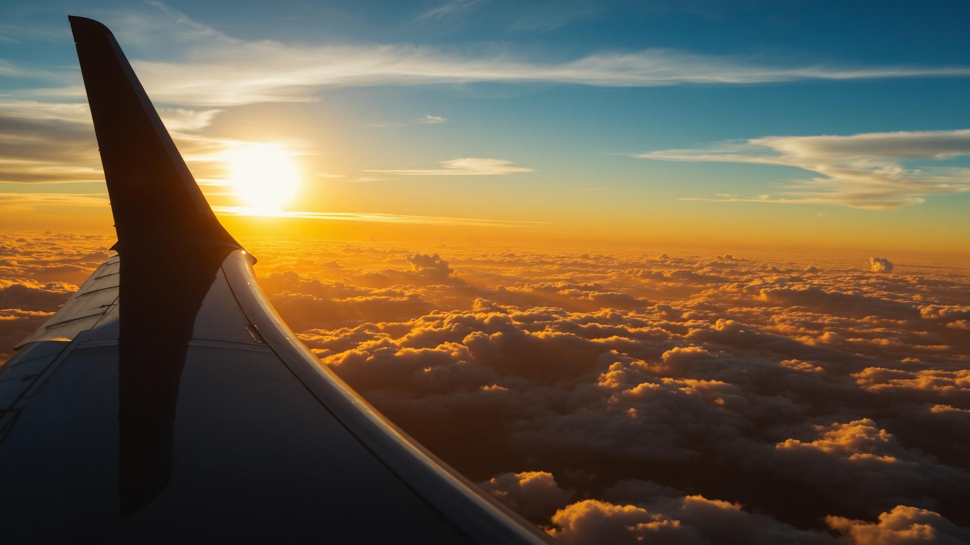 Aircraft wing above golden sunset clouds